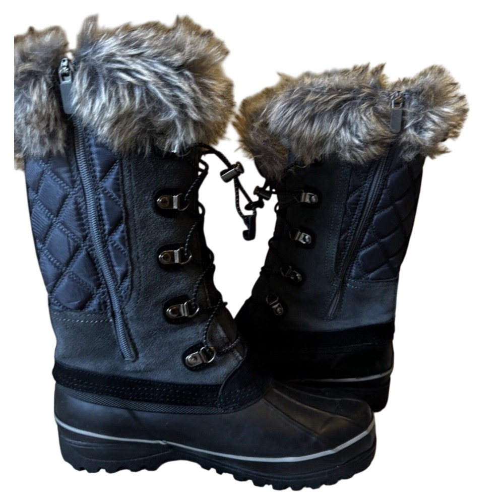 Lands End Women Grey Black Faux Fur Trim Quilted Insulated Winter Snow Boots SZ8